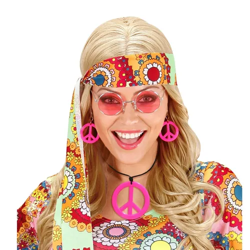 KARNEVAL FASCHING KOSTÜM ZUBEHÖR HIPPI SET OHRRINGE & KETTE PINK NEU OVP