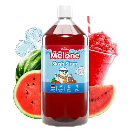 Belissia Slush Eis Sirup 1000ml Konzentrat | Wassermelone Geschmack | sehr ergiebig in knalligen Farben (1:5) für bis zu 6 Liter | Glycerin frei – für Slush-Eis - Maschinen & Wassereis