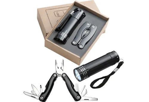 Easy Gifts Multitool Set bestehend aus Taschenlampe und Taschenmesser / Multitool