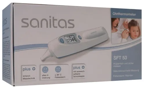 Sanitas SFT 53 Ohrthermometer - Thermometer mit auswechselbarer Schutzkappe, hygienisch und schnell für präzise Temperaturmessungen.
