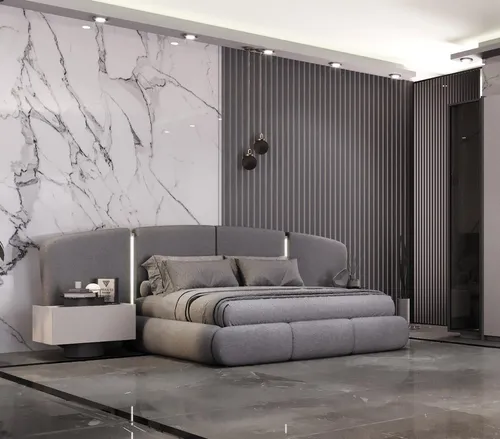 Modernes Graues Schlafzimmer Set mit Edlem Textilbett und Nachttischen - Schlafzimmergarnitur für Erwachsene, bestehend aus einem stilvollen Bett und zwei praktischen Nachttischen. Hochwertige Materialien und modernes Design sorgen für ein ansprechendes Ambiente.