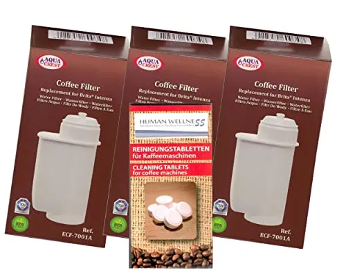 Human-Wellness EcoAqua 3 x Wasserfilter für Bosch VeroBar Siemens EQ3 EQ5 EQ6 EQ8 +9 kompatibel mit Brita Intenza + 10 Reinigungstabs
