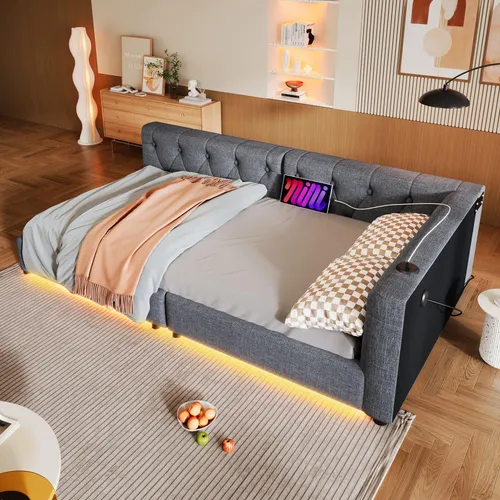 MODFU Schlafsofa Tagesbett 90x200 mit LED-Lichtleisten und Fernbedienung,Daybett Holzbett mit USB+Typ-c,Jugendbett Bettgestel mit Lattenrost,Grau