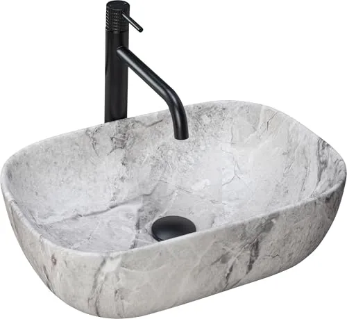 Rea Waschbecken Aufsatzwaschbecken Keramik Grau 33x46 - Elegantes rechteckiges Aufsatzwaschbecken aus Keramik, ideal für moderne Badezimmergestaltung ohne Überlauföffnung.