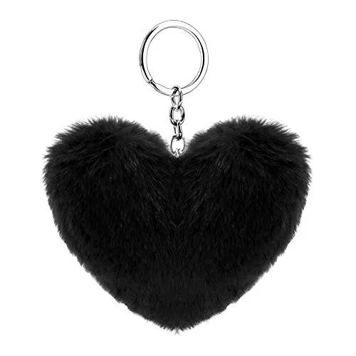 Soleebee Künstliche Kaninchenfell Keychain Flauschigen Liebesherz Pom Pom Schlüsselanhänger Taschen Koffer Rucksäcke Zubehör Charm Auto Schlüsselanhänger Schlüsselring für Frauen Mädchen (Schwarz)