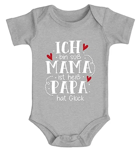 MoonWorks® Baby Body Ich bin süß Mama ist heiß Papa hat Glück Babyshirt lustige Sprüche Jungen & Mädchen grau 3-6 Monate