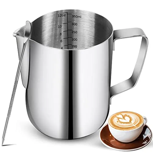 Milchaufschäumkrüge, 340 ml, Edelstahl-Espresso-Dampfkrüge mit Dekorationsstift, Kaffee, Milchaufschäumer, Tasse mit Skala, Cappuccino, Latte, Art, Barista, Dampfkrüge, Milchaufschäumer Tasse