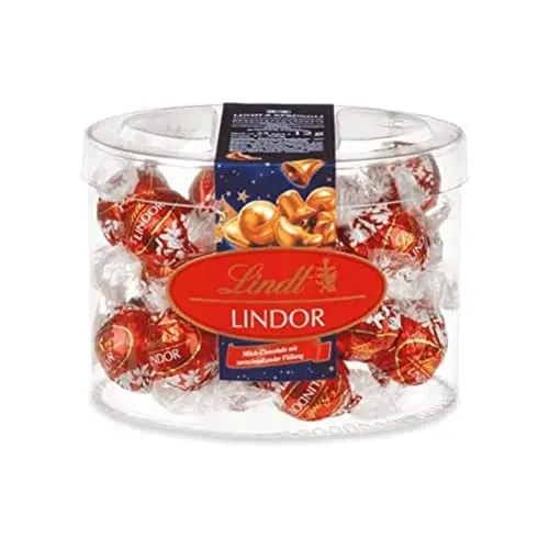 Lindt Schokolade LINDOR Milch , 475 g Köcher , LINDOR Kugeln mit unendlich zartschmelzender Füllung , Schokoladengeschenk zu Weihnachten , Pralinen-Geschenk