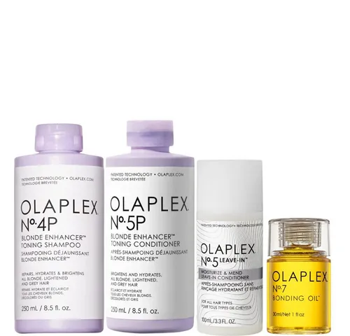 OLAPLEX Blonde Enhancer Pflege-Set - Strahlendes Blond & repariertes Haar - Pflege-Set für blondiertes Haar, sorgt für strahlenden Glanz und repariert geschädigte Strukturen. Ideal für die tägliche Haarpflege.