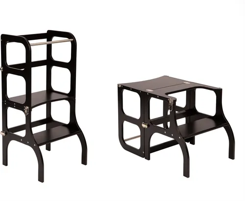 Ette Tete Step'n'Sit Lernturm klappbar aus Holz in Schwarz | Montessori Küchenhelfer für Kinder | 2-in-1 Lernstuhl mit Tisch