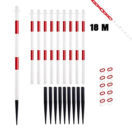 TMS PRO SHOP Kettenpfostenset, mit Einschlagspitze, 10 Stück, rot/weiß, mit 18 m Kette, Art.-Nr. 608138 | Kettenpfosten | Absperrpfosten | Absperrkette