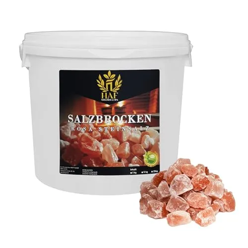 HAF Rosa Salzbrocken 5 kg - Naturbelassenes Steinsalz - 5 kg rosa Salzbrocken aus Pakistan, 2-5 cm groß. Ideal zur Dekoration oder für die Sauna. Verleihen Sie Ihrem Zuhause eine warme Atmosphäre mit diesen einzigartigen, naturbelassenen Brocken.