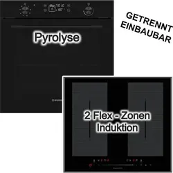 Backofen-Set Burg Einbaubackofen Pyrolyse 78 Liter + Induktionskochfeld 60 cm autark 2 Doppel-Flexzonen