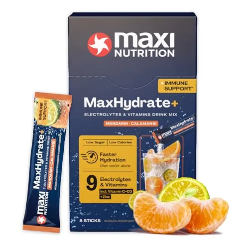MaxNutrition MaxHydrate+ Immun Elektrolyte 8 Sticks á 1.389 mg Elektrolyten, Vitamin C + D3 & Zink, Isotonisches Getränkepulver, Bessere Versorgung mit Flüssigkeit, Mandarin Calmansi, Vitamin Drink