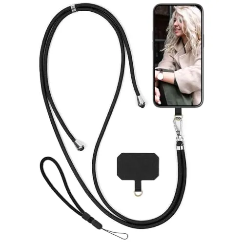 moex Unleash für Telekom T Phone 2 Pro Handyband zum Umhängen ohne Hülle, Handykette Universal mit Karabiner, Handy Band abnehmbar, Kette mit Pad für Handyhülle, Schwarz, Silber