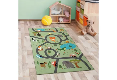 Carpetia Teppich Kinderteppich Safari / Straße Spielteppich grün, rechteckig, Höhe: 1 mm