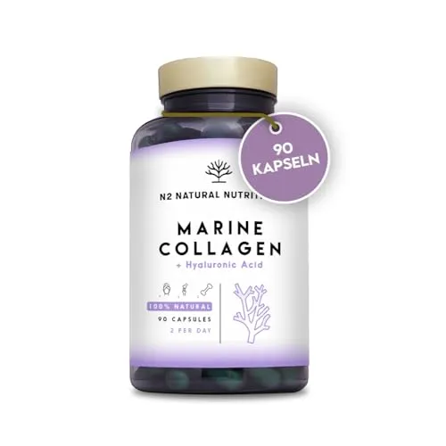 Kollagen Hochdosiert mit Vitamin C + Hyaluron + Magnesium. 90 Kollagen Kapseln. 45 Tage. Marine Collagen PEPTAN mit Hyaluronsäure für Haut, Haare und Gelenke. Glutenfrei. CE. N2 Natural Nutrition