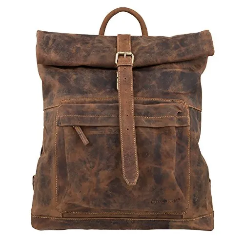 Greenburry Vintage Rucksack Leder Backpack braun - Tagesrucksäcke mit Rolltop-Design und mehreren Fächern für optimale Organisation, ideal für Alltag und Freizeit.