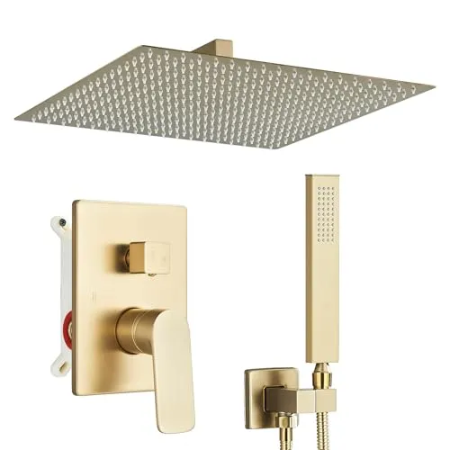 JUNSOTTOR Unterputz Duschsystem Set Gebürstet Gold | 12 Zoll Regendusche & Handbrause | 30x30 cm Eckduschkopf | 2 Funktionen, Anti-Verbrühung, Messing