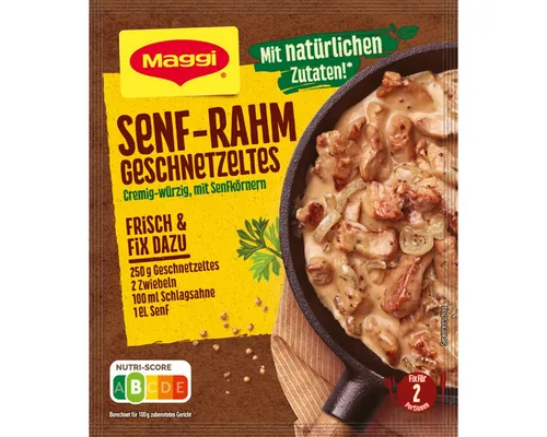 MAGGI Fix für Senf Rahm Geschnetzeltes 29g - Cremige und würzige Fertigsoße für ein schnelles Gericht, ideal für den Alltag und einfach zuzubereiten.