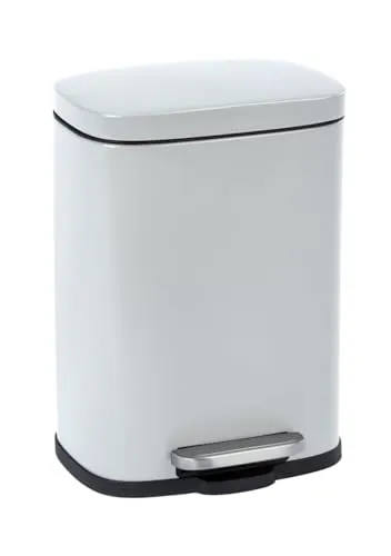 Wenko Mülleimer Leno, 5 Liter, weißer Kosmetikeimer aus Metall - Moderner Treteimer aus lackiertem Stahl mit hygienischer Fußpedalfunktion und nahezu geräuschlosem Schließen durch Easy-Close-Absenkautomatik. Ideal für Bad, Küche oder Büro.