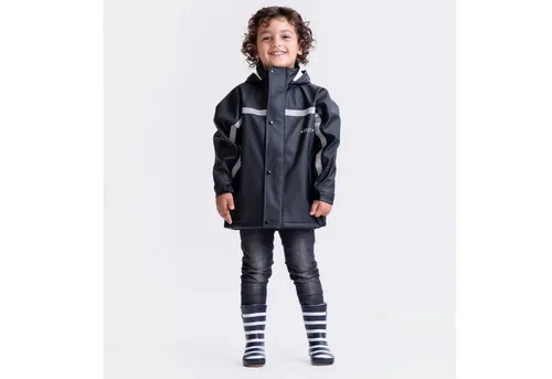 BMS Buddeljacke, Kinder Regenjacke mit abnehmbarer Kapuze in Schwarz, Größe 80 - Regenjacke für Jungen, 100% wasserdicht und atmungsaktiv, ideal für Kindergarten und Spiel im Freien, mit reflektierenden Streifen für Sicherheit.