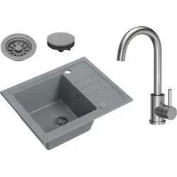 VBChome Spülbecken Granit Grau mit Armatur 55 x 44 cm Einzelbecken Einbauspüle Gesprenkelt Reversibel Granitspüle Grau Siphon Waschbecken Armatu... - Grau