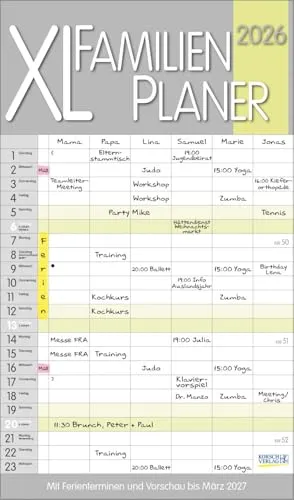 XL Familienplaner Pastell 2026 - Familienkalender mit 6 breiten Spalten, ideal zur Planung Ihrer Familienaktivitäten. Hochwertiger Familientimer mit Ferienterminen und Vorschau bis März 2027.
