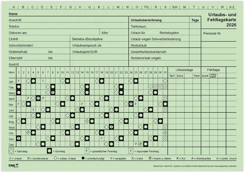 RNK Verlag Urlaubs- und Fehltagekarte 2026 DIN A5 quer von RNK Verlag