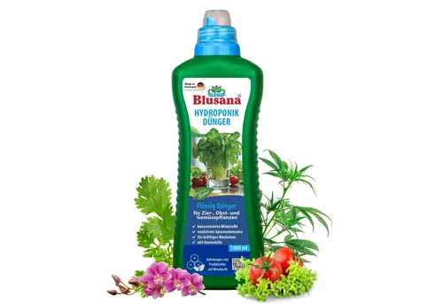 Blusana Pflanzendünger Hydroponik & Hydrokultur Dünger NPK 7-3-6 Flüssigdünger, mineralischer Volldünger flüssig, 1 Liter, für Zimmerpflanzen Obst & Gemüse geeignet mit Spurenelementen