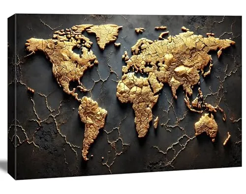 Goldene Weltkarte Bild 120x80 cm – Edler 3D-Kunstdruck - Poster & Kunstdrucke – Hochwertiger 3D-Kunstdruck auf Leinwand in edler goldener Optik, perfekt für eine luxuriöse Raumgestaltung.