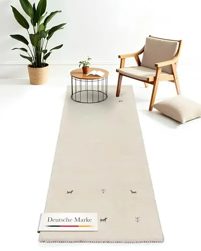 carpetfine Wollteppich Gabbeh Uni Läufer Weiß 60x180 cm | Moderner Teppich für Wohn- und Schlafzimmer