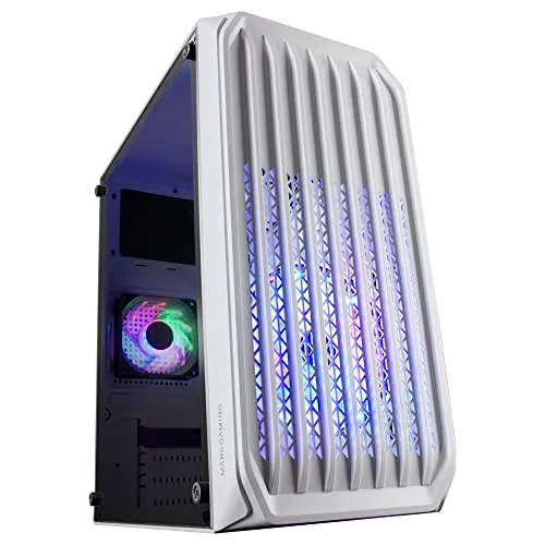Mars Gaming MC-S2, Gehäuse PC Micro-ATX Ultra-Kompakt, Frontgitter, 2X FRGB-Lüfter, Full Side Window Gaming Gehäuse, Unterstützt Flüssigkeitskühlung bis zu 240mm, Weiß