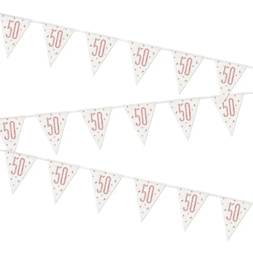 50. Geburtstags-Wimpelbanner - 2,74 m - Glitzer-Roségold-Geburtstag