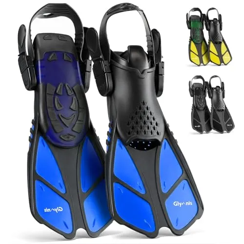 Glymnis Schnorchelflossen Verstellbare Flossen Schwimmflossen für Erwachsene und Kinder Kurze Tauchflossen zum Tauchen Schwimmen Schnorcheln (Schwarz/Blau, S/M)