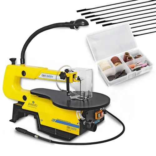 BAMATO Dekupiersäge DEK-1600V - Vielseitige Säge für Heimwerker - Sägen - Die BAMATO Dekupiersäge DEK-1600V bietet stufenlos einstellbare Geschwindigkeit und kommt mit 10 Sägeblättern sowie einem 64-tlg. Werkzeug-Set, ideal für präzise Arbeiten.