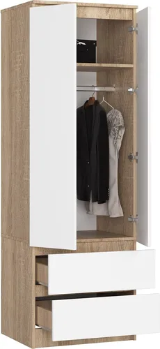 BDW, Kleiderschrank 2 Türen 2 Schubladen, 180x60x51 cm, Eiche Sonoma / Weiß
