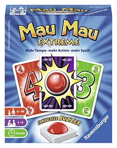 Ravensburger 26701 - Mau Mau Extreme, Kartenspiel mit Buzzer, Klassiker für 2-6 Spieler, Ablegespiel für Kinder und Erwachsene ab 6 Jahren