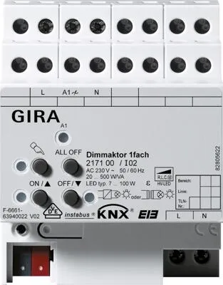 Gira 217100 EIB KNX Universal-Dimmaktor - Smart Home Dimmaktor für KNX, ideal für die Steuerung von LED und Halogenlampen mit umfangreichen Funktionen und sicherem Betrieb.