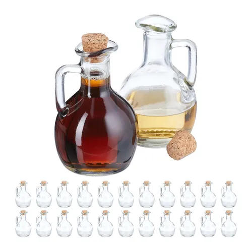 24x Glasflaschen für Likör und Schnaps - Vorratsgefäße & -gläser: Wiederverwendbare und spülmaschinenfeste Ölflaschen aus Glas mit 150 ml Kapazität, ideal zum Befüllen und Lagern von Flüssigkeiten.