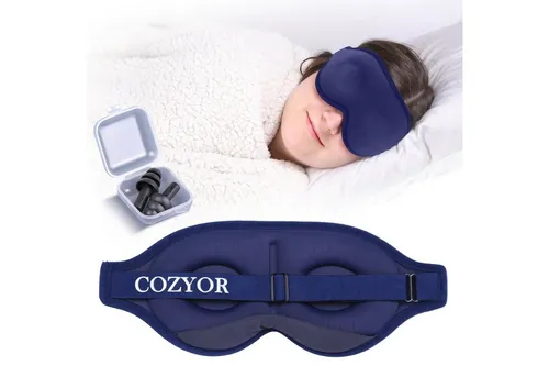 Cozyor Schlafmaske 100% Blackout-Effekt 3D Augenmaske mit ergonomischem Design, Reiseset klein & kompakt, blau Ocean, 2-tlg., Schlafmaske mit wiederverwendbaren Ohrstöpseln, extra Polsterung und variable Passform
