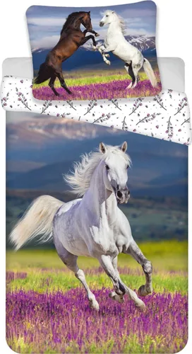 Jerry Fabrics Kinderbettwäsche Pferd, 2-teilig - Bettwäsche-Set für Pferdefans aus 100% Baumwolle, mit liebevollen Pferdemotiven und einem harmonischen Lavendelblüten-Muster. Hautfreundlich und atmungsaktiv für optimalen Schlafkomfort.