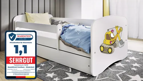 Raumhirsch Furniture Kinderbett Bagger, Weiß, 80x180 cm - Modernes Kinderbett mit abnehmbarer Schutzschiene für maximale Sicherheit und geräumiger Schublade für praktischen Stauraum. Ideal für ein gemütliches Kinderzimmer.