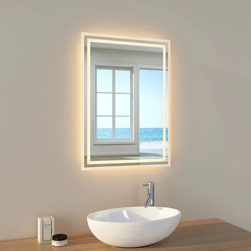 Badspiegel LED Beleuchtung EMKE 50x70 cm - Badezimmerspiegel mit warmweißer LED-Beleuchtung, ideal für moderne Bäder. Vertikal und horizontal montierbar, sorgt für optimale Ausleuchtung beim Duschen.