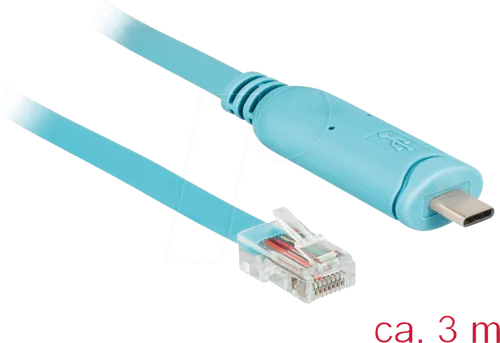 Delock Adapter USB 2.0 Typ-C - 1 x Seriell RS-232 RJ45 Stecker, 3,0m lang, ideal für Konsolensteuerung an CISCO Geräten