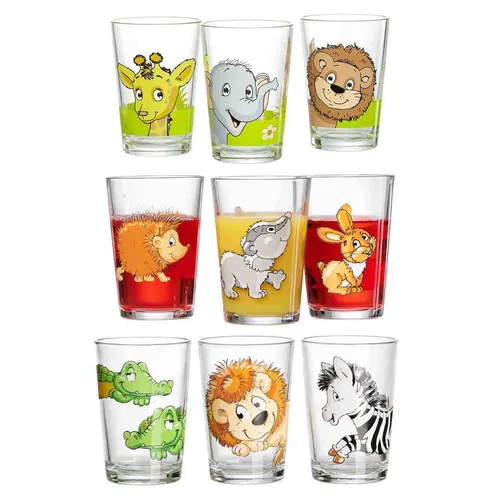 Ritzenhoff & Breker Kinderbecher 9er Set Dschungel/Wald/Zoo - Kinderbesteck mit 9 bunten Gläsern, ideal für den Alltag und spülmaschinengeeignet. Jedes Glas zeigt fröhliche Tiermotive, die die Fantasie Ihres Kindes anregen.