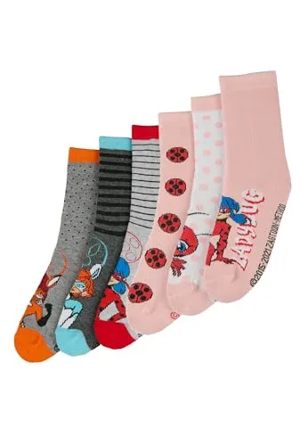 ONOMATO! Socken Kinder, Kindersocken Mädchen, 6 Paar, Lustige Socken für Sandalen Mächen, Geschenk für Mädchen (DE/NL/SE/PL, Numerisch, 23, 26, Regular, Mehrfarbig, Miraculous Ladybug Set 3)