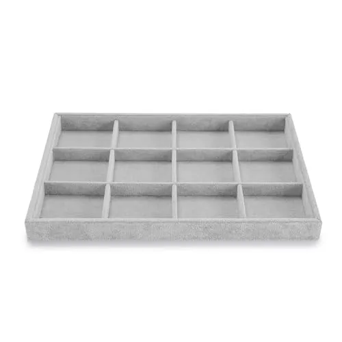Oirlv Grau Samt12 Gitter Schmucktablett,Schmuckaufbewahrung Schublade Schmuck Organizer Tablett Ringe Ohrringe Armbänder Organiz