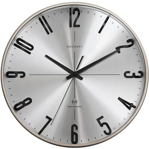 GOODERY Funkwanduhr Ø 30 cm Leise 3D | Große, Moderne, Analoge Wanduhr ohne Laute Tickgeräusche, Fast lautlos | Dekoration für Jede Wand | Uhr, Funk | Funkuhr (Silber/Schwarz)