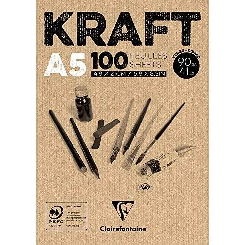 Clairefontaine 96544C Kraftpapier Block (geleimt, ideal für Trockentechniken, 100 Blatt, DIN A5, 14,8 x 21 cm, 90 g) braun
